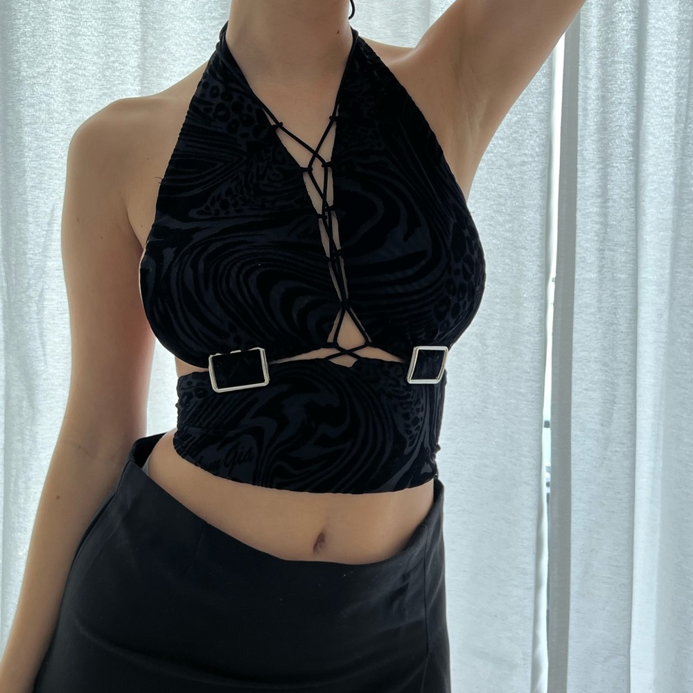 I AM GIA printed velvet halter top